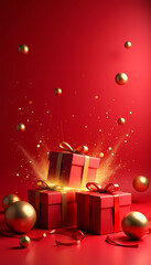 Festive gift boxes create a magical ambiance with floating golden orbs on deep red backdrop. Gift boxes offer a sense of joyous celebration and surprise, making it ideal for festive occasions,