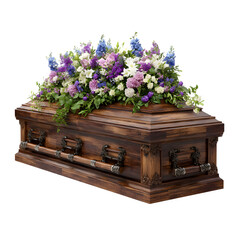 Ornate wooden casket covered in purple and white flowers isolated on transparent background