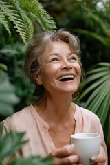 Elderly caucasian woman enjoying coffee in lush green garden