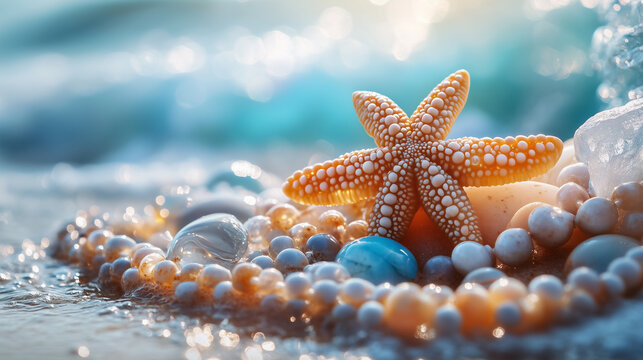 Colorful starfish and seashell arrangement on the shore during sunset near the ocean waves