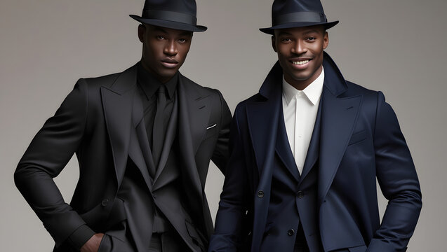 Two fashionable African American male models are posed in a sophisticated portrait, dressed in tailored suits, long coats, and fedora hats, showcasing their elegant sense of style, with one man having - Powered by Adobe