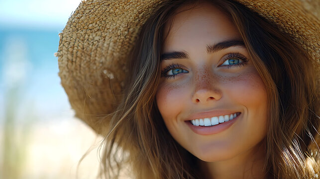 Beautiful Freckled Woman Smiling in Straw Hat Outdoors