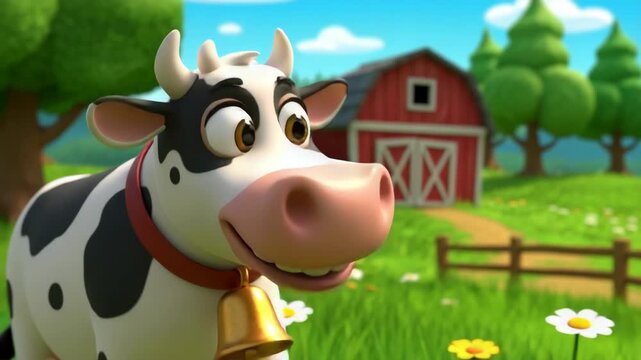 Cartoon Cow with Bell in Sunny Meadow near Red Barn and Green Trees Animatic Scene from Farming Life