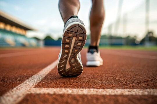 The runner's foot is forward on the running shoe, emphasizing the movement and physical effort during the workout