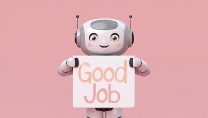 Obraz premium Cheerful robot with cute eyes holds sign saying Good Job. Modern, friendly character promotes positivity, encouragement. Vibrant pink background. Digital animation, playful message for success,