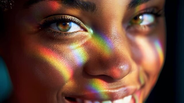 The closeup of a beautiful African American woman showcases her glowing complexion enhanced by a vibrant spectrum of light dancing on her features. The playful prism effect accentuates