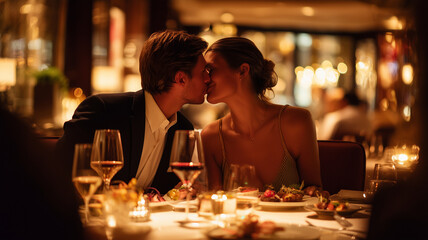 Zakochana para na randce w eleganckiej restauracji. Romantyczna atmosfera, świeczki, wykwintne dania i czuły pocałunek w wyjątkowym otoczeniu.