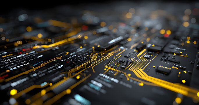 Displaying interface graphic on screen blending JavaScript HTML code and yellow circuit traces