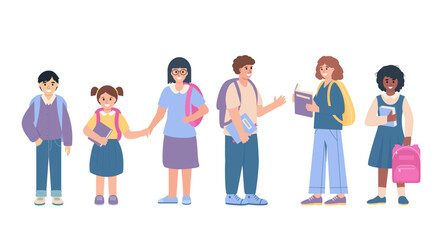 Obraz premium Set of happy students, school children with books and school bags. Smiling pupils boys and girls, classmates or friends on white background. Vector illustration.