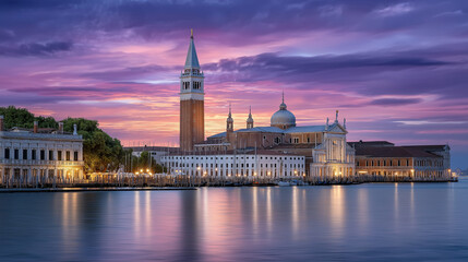 Obraz premium Stunning pink sunset glow over a cityscape from a boat