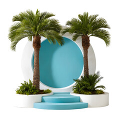 Tropical resort stage with palm trees and blue water isolated on transparent background