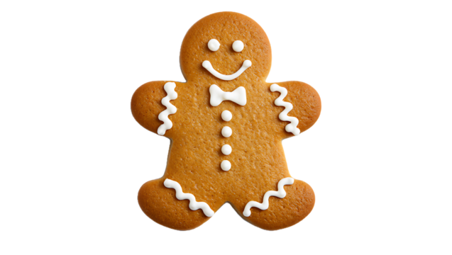 A charming gingerbread man cookie, adorned with delicate white icing, stands isolated on transparent background, ready to bring festive cheer to the holiday season