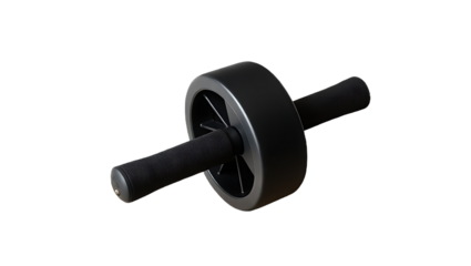 A black ab roller, a simple yet effective exercise tool for core strength training, is isolated on transparent background, ready for a home workout