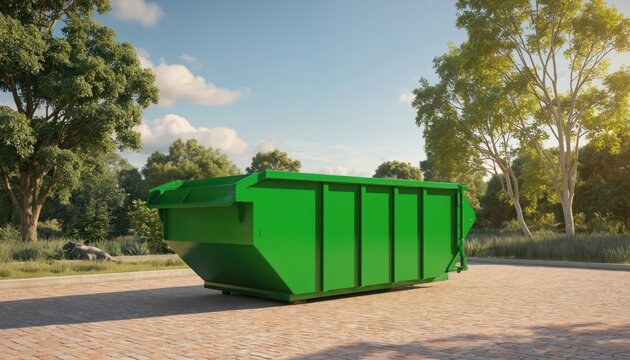 Green roll-off dumpster container for waste management, recycling. Ideal for construction, landscaping, industrial sites. 3d render shows clean, bright green bin ready for delivery, service,