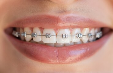 Obraz premium Close-up of smiling mouth showcasing straight, white teeth with metal orthodontic braces. Focus on dental care, alignment correction, and achieving a perfect smile with modern dentistry practices.