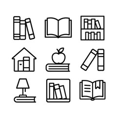 Book collection home library icons. Outline symbols. Line design