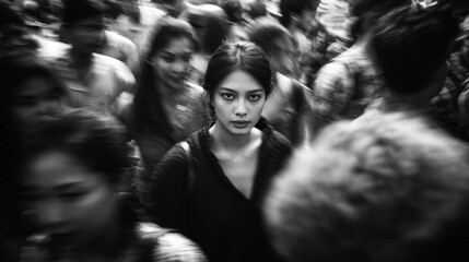 Black and white portrait woman standing still crowd motion blur background, direct gaze, high contrast, shallow depth of field, cinematic street photography, soft lighting
