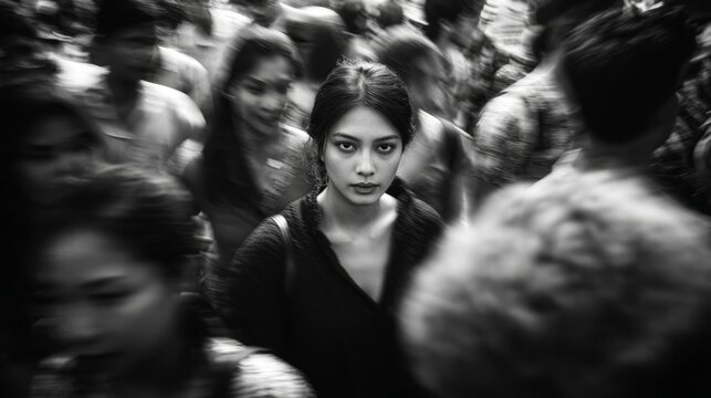 Fototapeta Black and white portrait woman standing still crowd motion blur background, direct gaze, high contrast, shallow depth of field, cinematic street photography, soft lighting