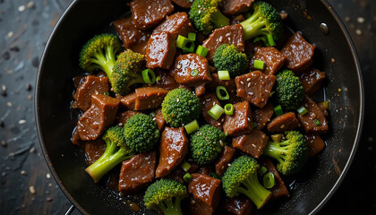 A skillet filled with saut&eacute;ed beef and vibrant green broccoli, garnished and ready to serve