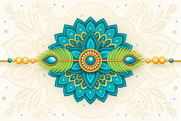 Traditional Peacock Feather Rakhi Banner Design Featuring Blue and Golden Floral Patterns, Decorative Mandala Thread Bracelet for Indian Raksha Bandhan Background