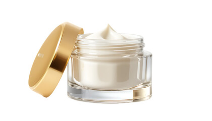 A luxurious glass jar of face cream with a gold lid promises radiant and youthful skin, isolated on transparent background