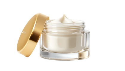 A luxurious glass jar of face cream with a gold lid promises radiant and youthful skin, isolated on transparent background