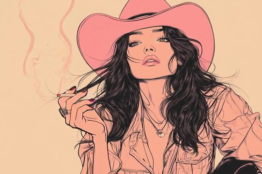 A cowgirl - japanese comic book or anime style illustration - pink cowboy hat, dark wavy hair - smoking cigarette, a stark seductive cartoon of a sexy woman in western outfit, tone on tone.