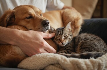 Obraz premium Man hand gently strokes sleeping dog, cat resting together on sofa. Golden retriever dog leans on cat, sharing warmth. Scene captures deep companionship, trust, contentment in domestic life, showing