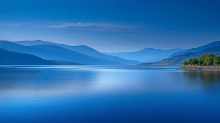 Obraz premium Calm Okanagan Lake under a hazy evening sky with gentle light