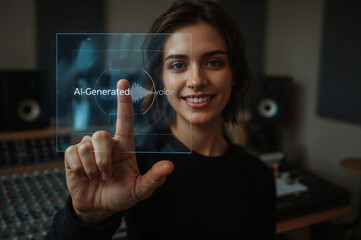 AI voice generation with a smiling woman in studio