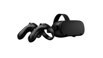 A black vr headset and controllers are isolated on transparent background, representing virtual reality gaming and immersive technology