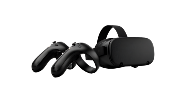 A black vr headset and controllers are isolated on transparent background, representing virtual reality gaming and immersive technology