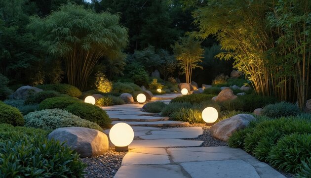 Modern garden pathway with glowing sphere lights illuminating greenery, stone slabs during evening. Serene landscape features bamboo, rocks, plants creating tranquil, zen ambience. Contemporary