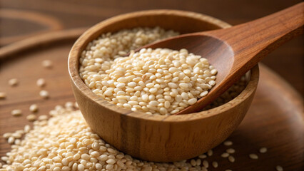 Close-up view of a wooden bowl filled with white sesame seeds, with a wooden spoon resting inside, showcasing a healthy ingredient for culinary use and food preparation.