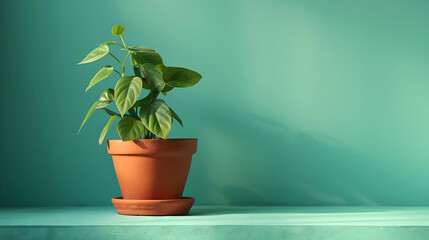 Obraz premium A potted plant sits on a teal surface against a teal wall.