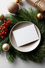 Festive holiday card on plate with pine branches and decorations
