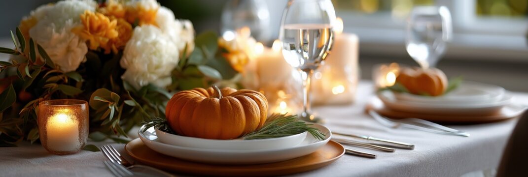 Elegant autumn table setting with mini pumpkin and flowers for festive dining