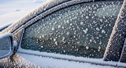 Frozen car window covered in frost and snow