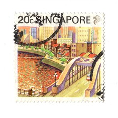 A vintage postage stamp from Singapore isolated on a white background.