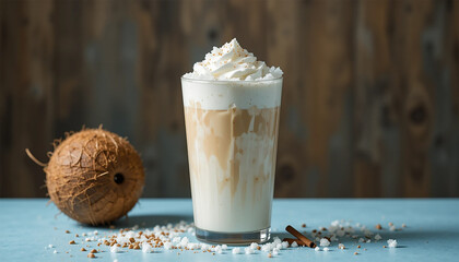 Coconut milk latte topped with whipped cream and coconut flakes, placed on a blue table