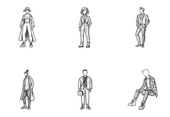 A monochrome illustration set of six stylish individuals dressed in modern business-casual and streetwear-inspired outfits. The image includes men and women in long coats, tailored suits, wide-leg 