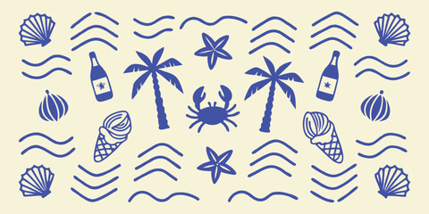 Obraz premium Whimsical blue summer beach pattern with palm trees and ice cream