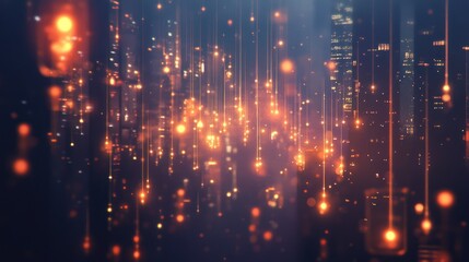 Fototapeta premium Abstract cityscape at night, depicted with glowing orange and red lights cascading down, creating a dynamic and futuristic feel