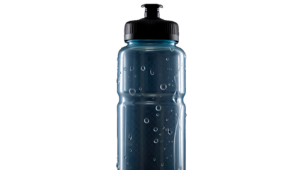 A blue plastic sport water bottle with condensation droplets, isolated on transparent background, represents hydration and an active lifestyle