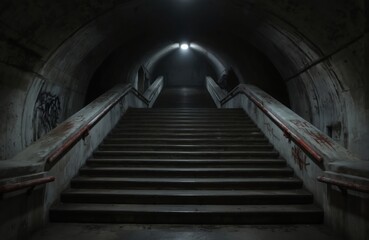 Ominous concrete staircase ascends into dark, mysterious tunnel. Grimy walls marked with graffiti, red handrails suggest decay. Gloomy, atmospheric lighting creates suspense. Perfect for thrillers,