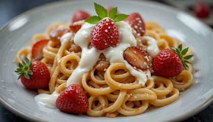 A plate of pasta topped with creamy sauce and garnished with fresh strawberries