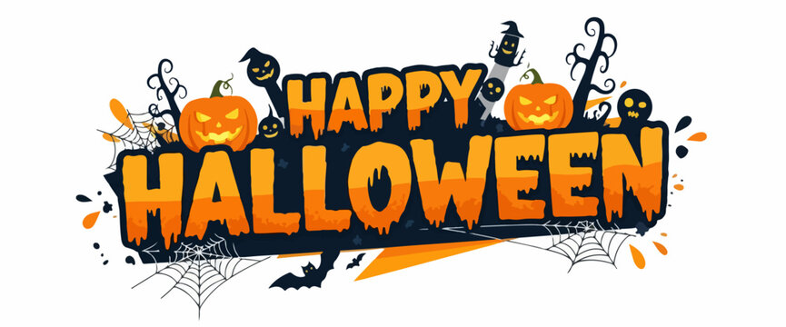 Bright Happy Halloween message with pumpkins, ghosts, bats, and spiderwebs. This Happy Halloween image brings festive atmosphere, with its vibrant colors and spooky decor.