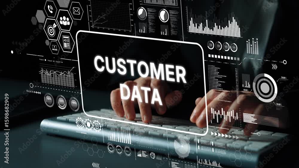 Poster hands typing on keyboard with overlaid graphics representing customer data analytics and business in