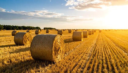 Golden hay bales under a sunset