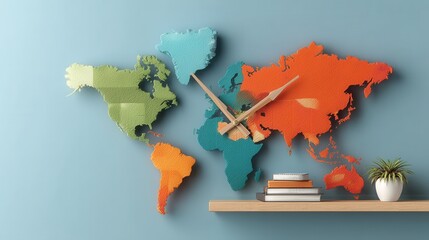 Time flies around the world a colorful, artistic world map clock on a light blue wall in a modern home